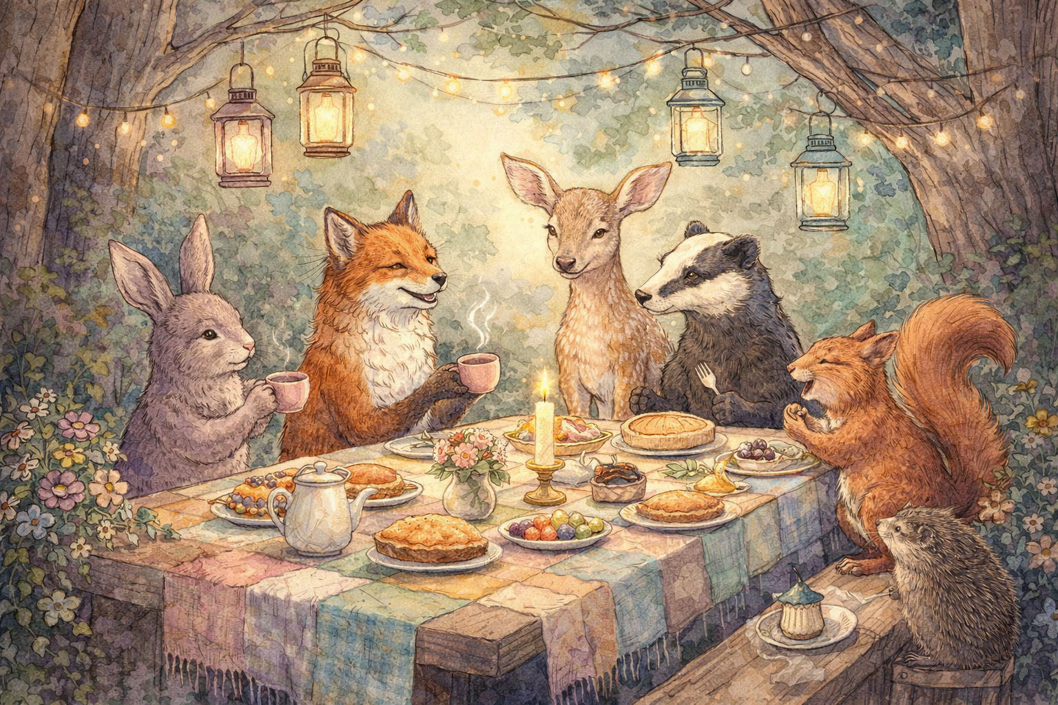 watercolor of forest critters gathered around a table for a tea party