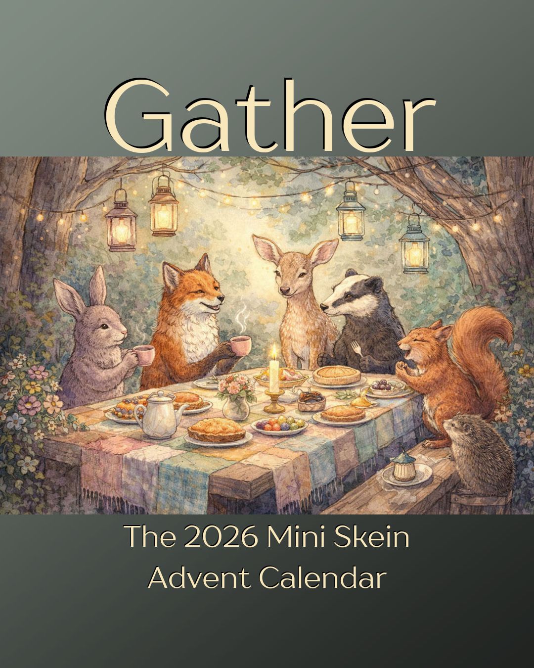 watercolor of forest critters gathered around a table for a tea party